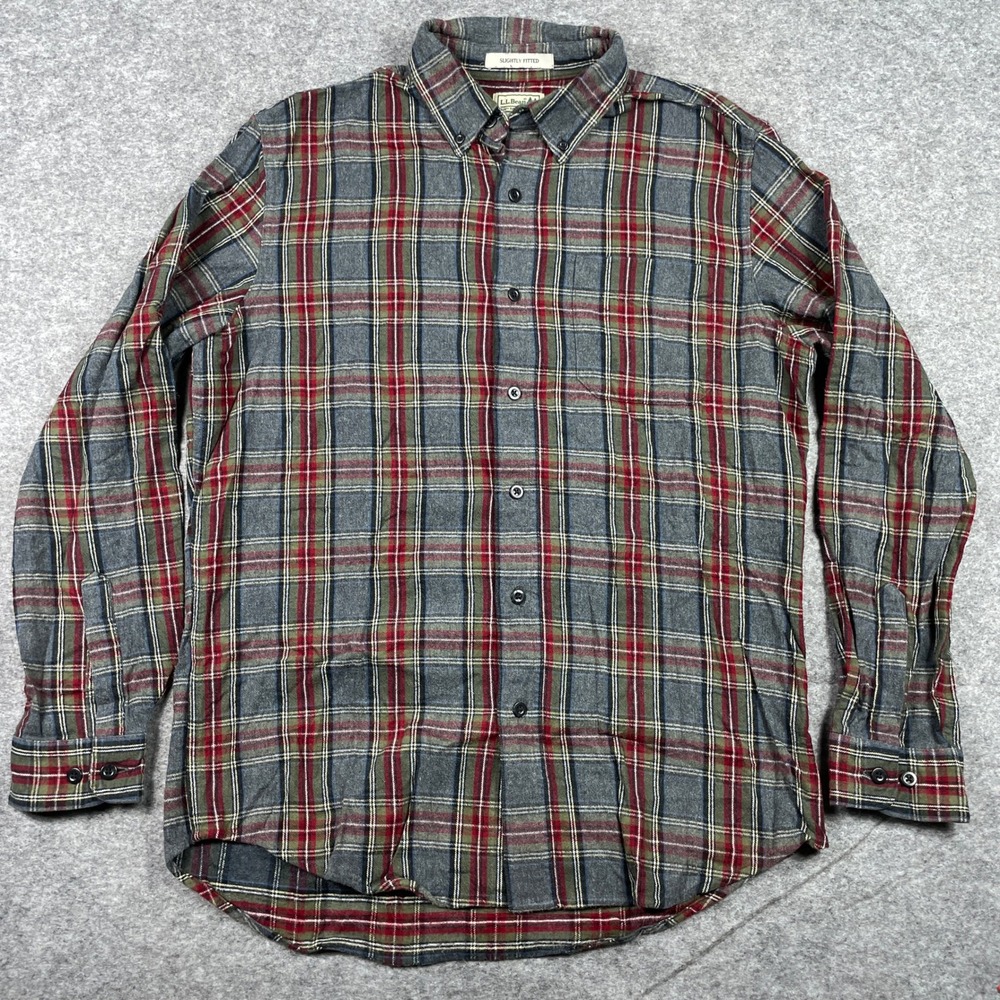 L.L. Bean Flannel Shirt Mens Medium Grey Red Plaid Slightly Fitted Button Down